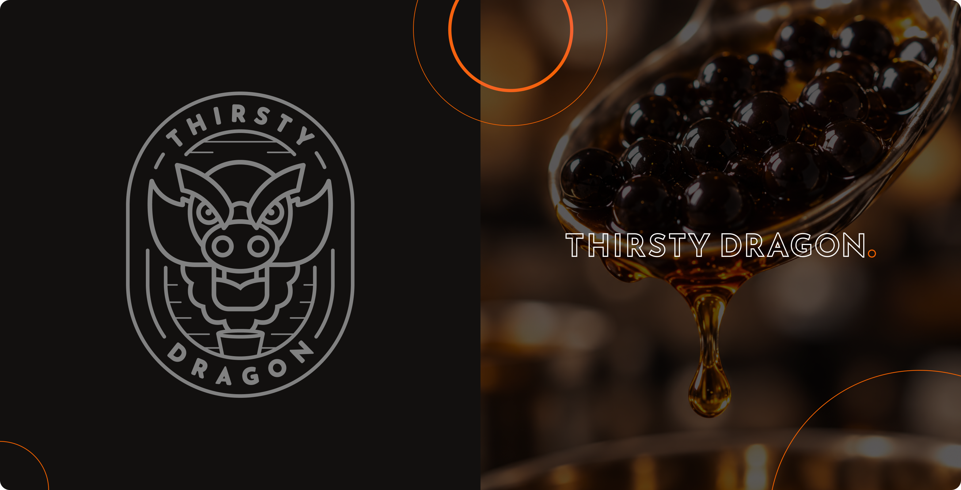 Thirsty Dragon logo mark and a spoonful of tapioca pearls being poured
