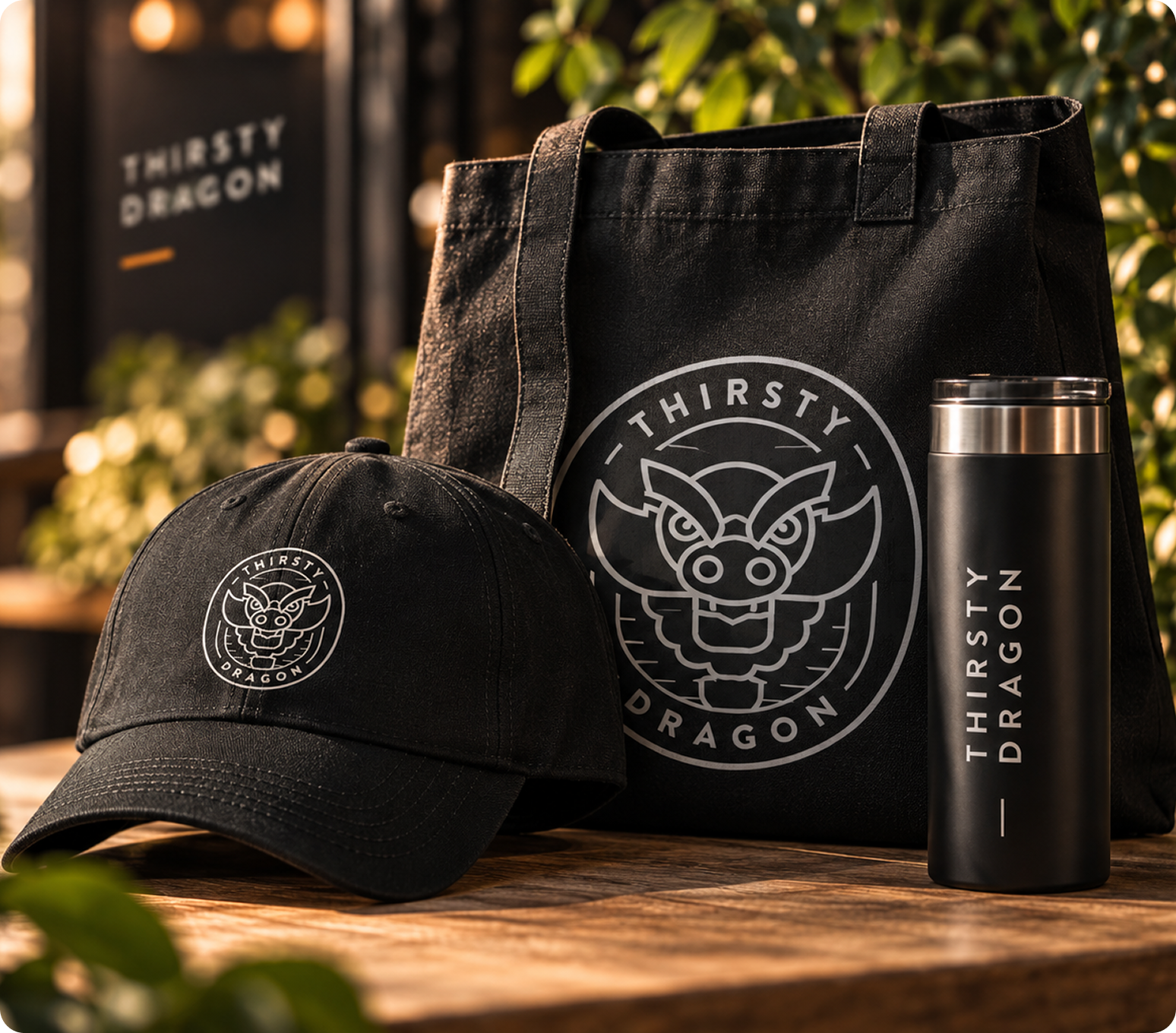 Thirsty Dragon branded cap, tote bag, and tumbler