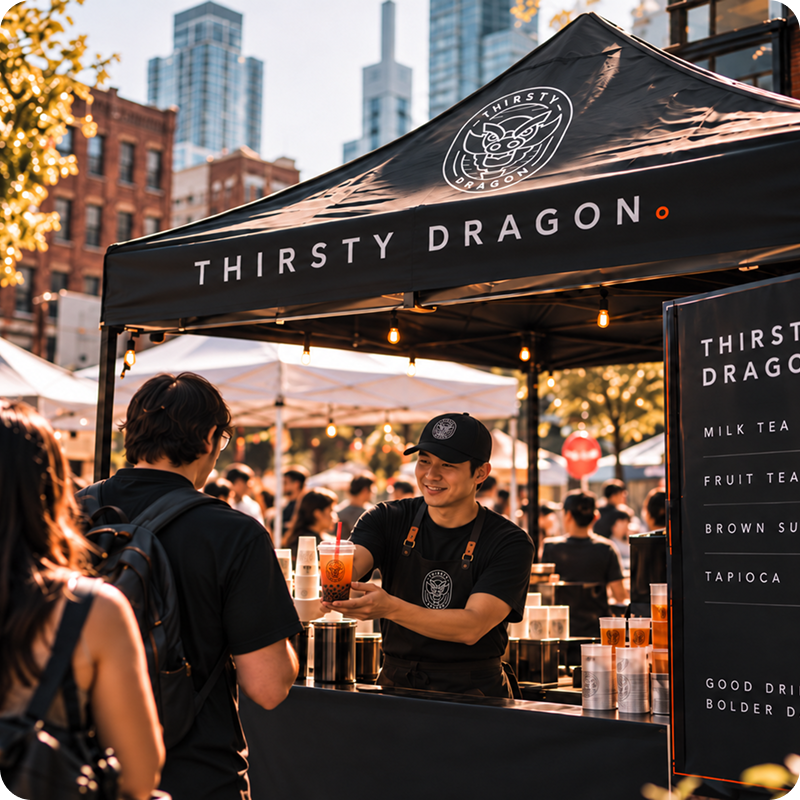 Thirsty Dragon booth at a farmers market